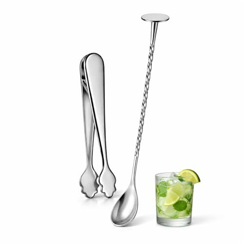 VICEMA Pinzas para Hielo de Acero Inoxidable y Cuchara Larga de Cóctel Torneada, Set de 2 Piezas para Bar y Hogar, Coctelería, Bebidas y Cocina