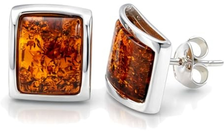 Lottie Genuine Baltic Honey Amber Stud Earrings for Women – 925 Sterling Silver Rectangular Cabochon Post Earrings, Natural Amber Jewelry with Certificate