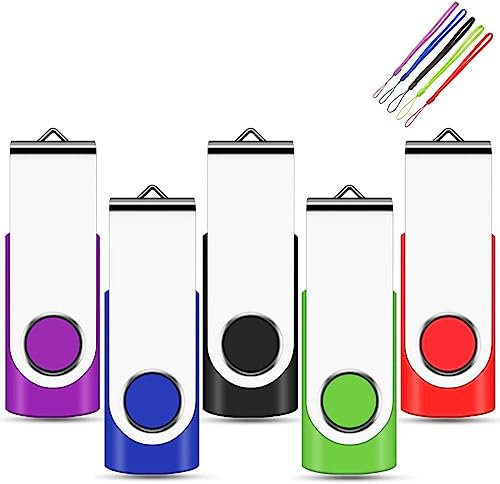 EASTBULL 32GB USB Stick 5 Pack, Memory Sticks USB 2.0 Metal Flash Drive Swivel Design Fold Storage with 5 Color Lanyards