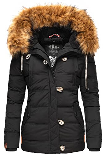 Navahoo Damen warme Winter Steppjacke mit abnehmbarem Kunstfell Zoja Schwarz Gr. S