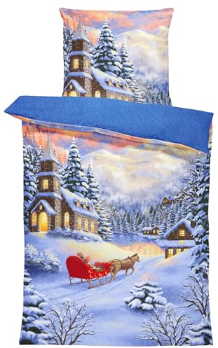 one-home Winter Bettwäsche Thermo Fleece Kuschelig Warme Bettbezüge Flauschig Warm Weich, Größe:2 teilig 135x200 cm, Farbe:Winterlandschaft Blau