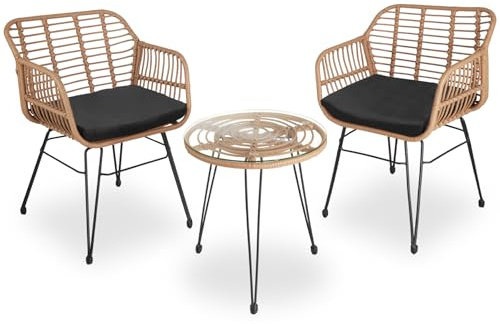 tectake® Salon de Jardin Extérieur en Poly Rotin Set de 3 pcs, Ensemble 2 Fauteuils Salon et Table de Jardin avec Plateau en Verre de sécurité, Coussins Amovibles Inclus, Amenagement Balcon Terrasse