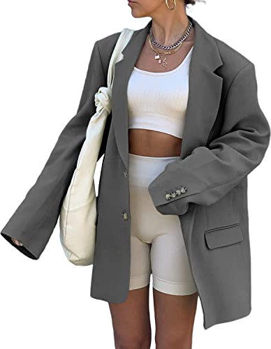Grlasen Women Casual Elegant Long Sleeve Oversized Lapel Blazers Open Front Solid Work Office Jacket Blazer Dark Gray