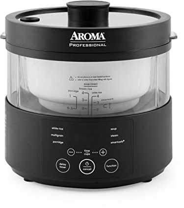 Aroma Housewares Professional 8-Cup (Cooked) SmartCarb Multicooker and Flavor-Lock Food Steamer for Low-Carb Rice and Grains, Glass Inner Pot, Black (AMC-800), Transparent Glass, 4 Cup Uncooked Rice