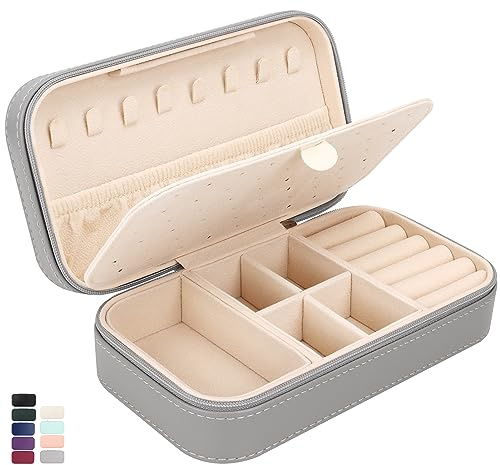 DesignSter Travel Jewelry Box, PU Leather Portable Jewelry Case, Small Jewelry Boxes for Gifts, Travel Jewelry Organizer for Women Rings Earrings Necklaces Bracelets (Gray)