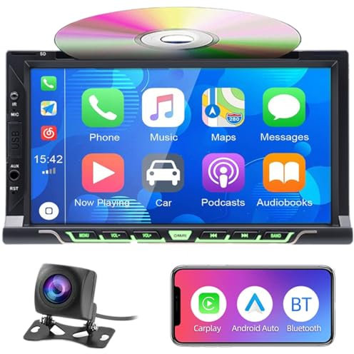 Autoradio Double DIN da 7 per Wireless CarPlay & Android Auto, Lettore CD/Dvd per Auto con Display Touchscreen, Bluetooth, Telecamera Posteriore, RDS/AM/FM, Mirror Link, Subwoofer, USB/AUX/SWC/DSP