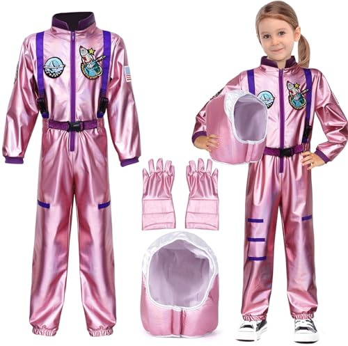 G.C Disfraz Astronauta Rosa para Niña Niño Mono Astronauta con Casco y Guantes Disfraces Carnaval Halloween Fiesta Cumpleaños Cosplay Regalo (L, 10-12 Años)