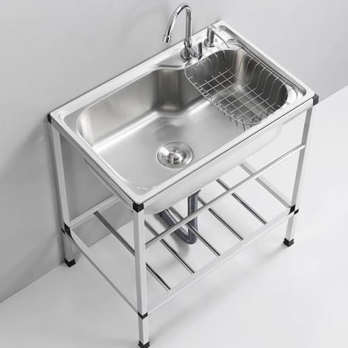EMENAR Évier Utilitaire en Acier Inoxydable, Évier De Jardin Extérieur, Évier Commercial Autoportant Anti-débordement avec Robinet, Évier Simple pour Cuisine, Buanderie, Garage (Color : Cold, Size :
