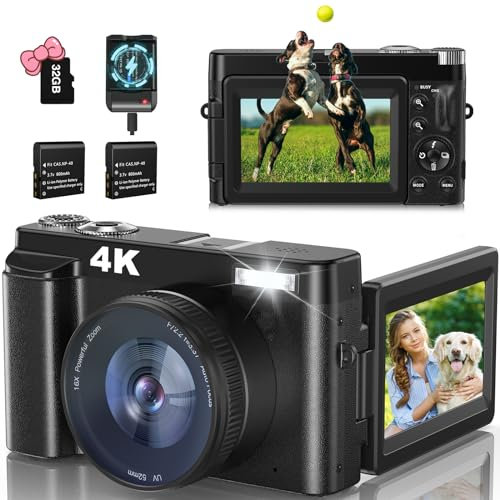 4K Digitalkamera Fotoapparat 32G Karte 48MP Fotokamera mit Charger Kompaktkamera 3 180° Flip Bildschirm Blitz UV Lens Selfie Kamera Tragbare Retro Kamera Digitalkamera Anfänger Junge Leute Teenager