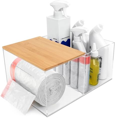 Organiseur de sac poubelle transparent avec couvercle en bambou, support de sac poubelle en acrylique pour le rangement de la cuisine, distributeur de sacs poubelle avec étiquette de sacs poubelle