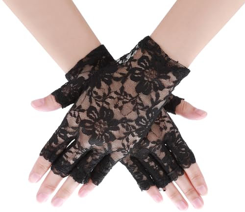 Lusofie Spitzenhandschuhe Schwarz Kurze für Teeparty Fingerlose Handschuhe Damen Formelle Oper Blumenmuster Halloween Hochzeit Schwarz Handschuhe Spitze Brauthandschuhe
