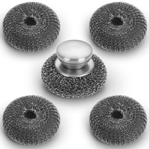 Kyraton Éponges en Acier Inoxydable avec Poignée Set De 5, Paille De Fer, Laine en Métal 10 x 10cm Confortable à Tenir Et Durable Et Solide.