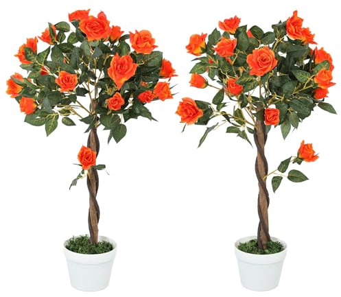 Outsunny Set of 2 90cm/3FT Artificial Rose Tree, Fake Decorative Plant with Pot, UV-Resistant Faux Tree for Outdoor Indoor Home Office Decor, Orange