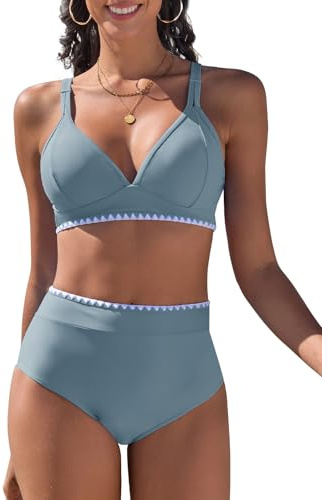 Vijamiy Bikini dam set V-ringad tvådelad push-up bikinis hög midja badmode sexiga badkläder med vit spets, gråblå, M
