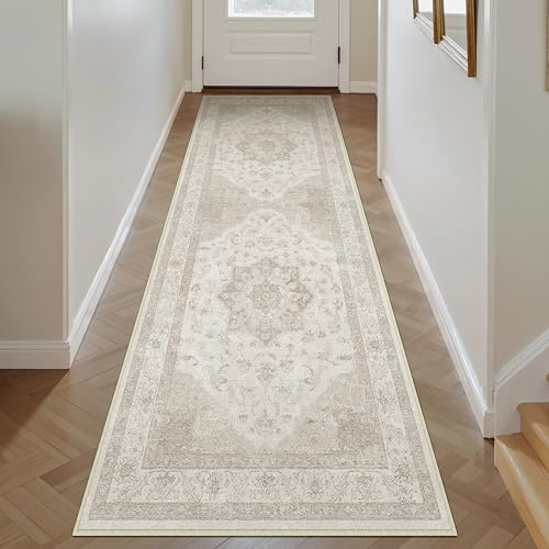 PureCozy Vintage Alfombra Pasillo 60x180cm Beige Cocina Lavables en Lavadora Antideslizante Alfombras Habitacion Pie de Cama Dormitorio Comedor Larga Carpet Pelo Corto Rug