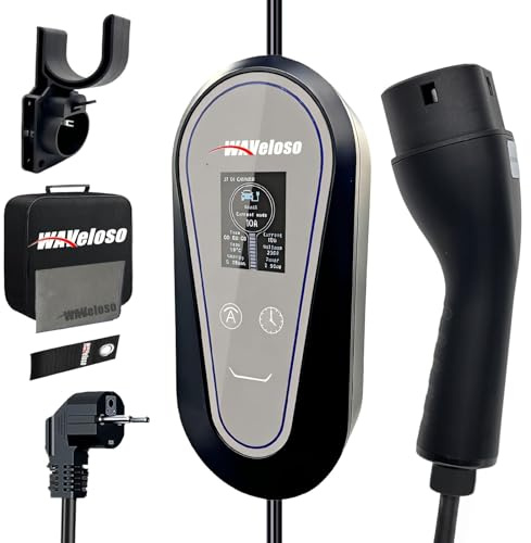 Waveloso - Cargador de coche eléctrico tipo 2 【8 M,3 KW,8-10-13 A, 0-12 H】Cable de carga para coche eléctrico tipo 2 EV cargador IP65 con Schuko Toma 16 A, terminal de carga monofásico compatible con