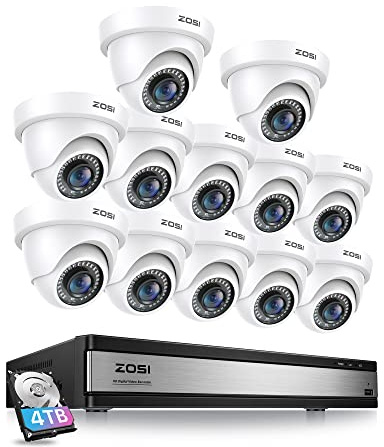 ZOSI 1080p Kit Cámaras de Vigilancia Seguridad 16CH H.265+ Grabador DVR y 4TB Disco Duro con 12pcs 2MP CCTV Cámara Interior y Exterior, Visión Nocturna, Detección de Movimiento