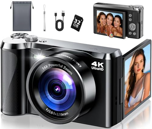 4K Digital Camera for Photography & Travel, 56MP Autofocus Vlogging Camera with 3 180° Flip Screen, 16X Zoom, Compact Point and Shoot Camera for Beginners and Teens, 32GB Card Included