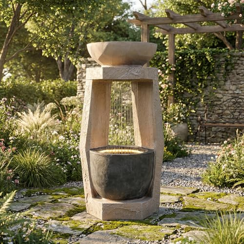 Fontana da giardino con illuminazione a LED, pompa dell'acqua, rivestimento esterno in pietra artificiale e bacino ornamentale, fontana, gioco d'acqua per giardino e terrazza, beige