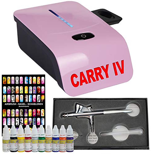 Mini kompressor set bär med nagelfärger set universal luftborste pistol dubbel/enkel åtgärd med 0,2/0,3/0,5 mm munstycken, gravitationskopp + glas (professionellt Airbrush Set Carry IV Pink)