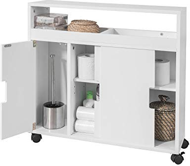 SoBuy Mueble de Baño con Ruedas, Carro Multiuso con Estantes y Bandeja, Mueble Auxiliar Baño, Armario Estrecho con Puertas Correderas Blanco L70cm x P20cm x H71cm BZR02-W