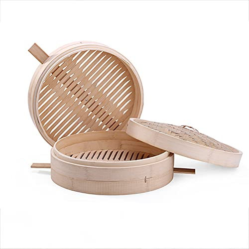 LTLWSH Cuiseur à Vapeur, Oriental en Bambou pour Cuisiner à La Vapeur avec Poignée Anti-brûlure, Cuiseur 2 Niveau avec Couvercle, Panier en Bambou, Récipient en Bambou,30cm