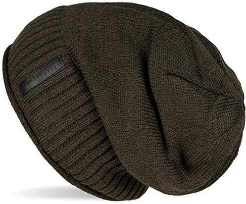 styleBREAKER Unisex Beanie Mütze mit Fleece Innenfutter und Label | Warme Winter Strickmütze aus Feinstrick | Elastische Longbeanie für Damen und Herren, Farbe:Tannengrün