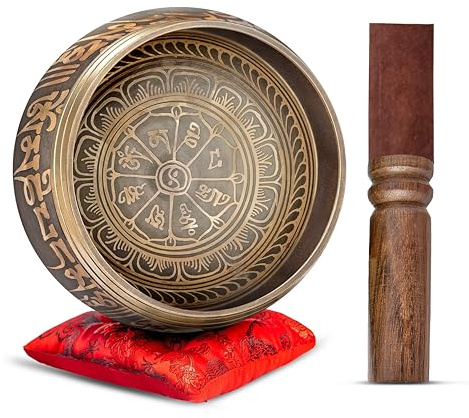 Premium Tibetan Singing Bowl Set – Handmade in Nepal Sound & Meditation Bowl – Spiritual Decor for Yoga, Wellness Spaces & Relaxation by Himalayan Bazaar (Brown & Red)