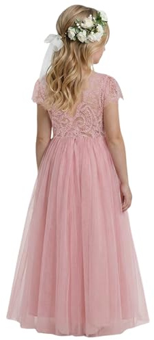 2Bunnies Girl Paisley Lace Back A-Line Tutu Tulle Party Flower Girl Dresses (Short Sleeve Maxi-Dusty Pink, 4T)