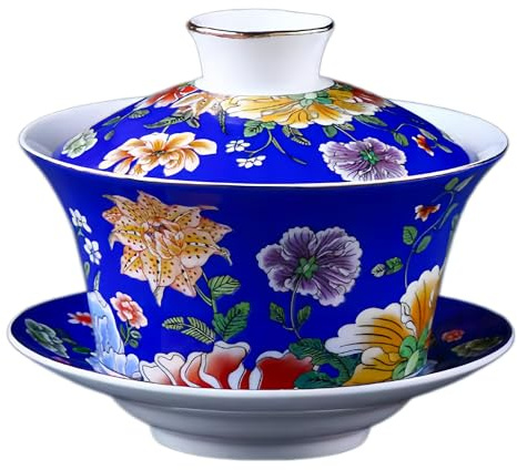 KOPYFANTAP Tazza da Tè in Porcellana Tradizionale Kungfu Cinese con Coperchio e Piattino,Gaiwan in Porcellana Blu con Grafica Fiori, Tazza Tea Set da 300 ml di Grande Capacità per Tè o Caffè