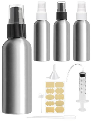 Bohoray 4 Stücke 100ml Sprühflasche Klein Aluminium,Aluminiums Spray Bottle,Zerstäuber Sprühflasche,Pumpzerstäuber Mit Trichter/Spritze/Etikett,Tragbares Zerstäuber Parfüm für Kosmetik,Flüssigkeit