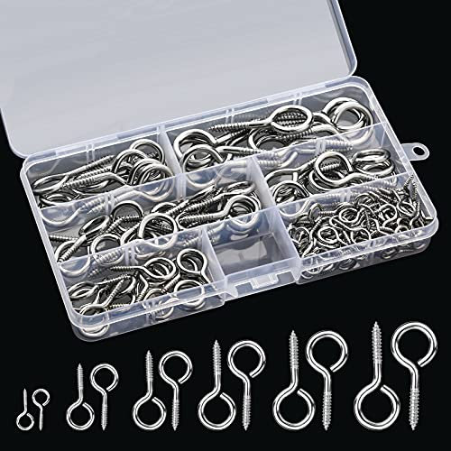 LUCKNIGHT 140 Ganchos de Ojo de Acero Inoxidable, Ganchos Pared, Rosca de Madera, 6 Tamaños, Metal Galvanizado, para Proyectos de Bricolaje, Artesanía en Madera, Muebles (Plata)