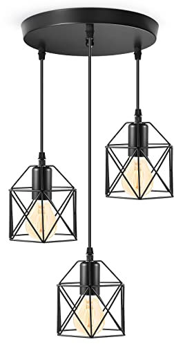 Tsling 3-Flammig Pendelleuchte Schwarz,LED E27 Vintage Decken Hängelampe mit Käfig Lampenschirm Metall,Verstellbar Kabel,Industrielle Esstisch Hängeleuchte für Wohnzimmer Schlafzimme Haus Büro Flur