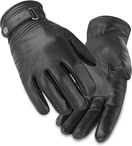 normani BW Bundeswehr Lederhandschuhe gefüttert für Damen und Herren mit Fleecefutter und Lederriemen am Handgelenk Farbe Dunkelschwarz Größe M