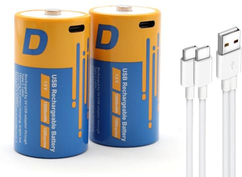 SZEMPTY Pilas de litio recargables de 1,5 V D, 2 unidades, Batería USB-C Li-Ion D 12000 mWh(8000 mAh), con cable de carga tipo C 2 en 1, carga rápida en 4 horas, más de 1200 ciclos de carga