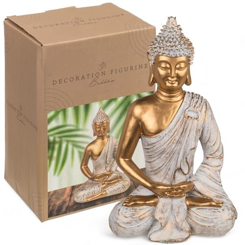 MIJOMA Gold & White Vintage Look Polyresin Buddha Figurine 14-34 cm Height Optional with Tea Light Holder - Spiritual Peace and Elegance (21 x 13 x 34 cm)