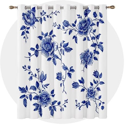 Generisch Vorhänge Blumen - Chinoiserie Blaue Blumen Fenster Gardinen mit Ösen, Vorhang Blickdicht Verdunklungsvorhänge Thermovorhang für Wohnzimmer Schlafzimmer Deko 2er Set, H 160 x B 140 cm E#-268