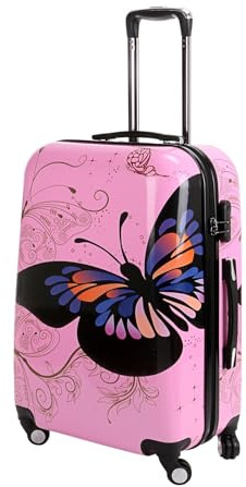 Hampton & Stewart Hard Shell 4 Wheel Suitcase PC Luggage Trolley Case Cabin Hand Butterfly Pink (Medium)