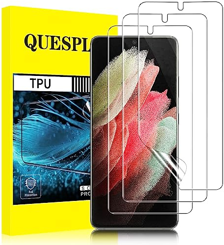 QUESPLE [3 Pièces] Protection écran pour Samsung Galaxy S21 Ultra 5G, Haute Qualité 3D Incurvé Couverture Complète TPU Film Protection écran, Sans Bulles, Compatible avec Lecteur d’Empreinte