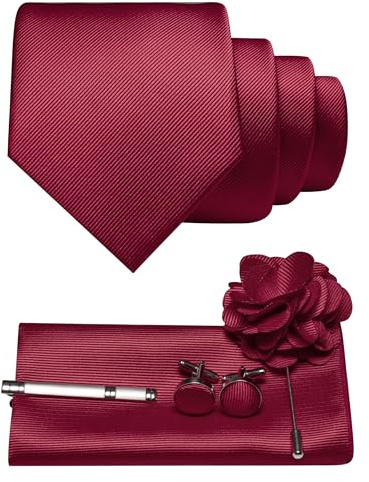 JEMYGINS Corbata de sarga para hombre con diseño de color sólido, incluye pañuelo de bolsillo, gemelos, pinza de corbata y broche de flores, set de regalo para fiestas, negocios, bodas, borgoña, M