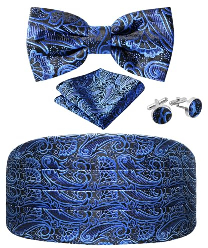 JUNMEISI Paisley Cummerbund and Bow Tie Set Adjustable Formal Men's Blue Cumberbund Tuxedo Bowtie Cufflinks Set & Pocket Squares