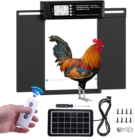 Luocute Puerta Automática de Gallinero con Temporizador, Grandes Aperturas de Puerta de Pollo con Energía Solar de Aluminio, Protección contra la Pellizca, Pantalla LCD, Control Remoto,