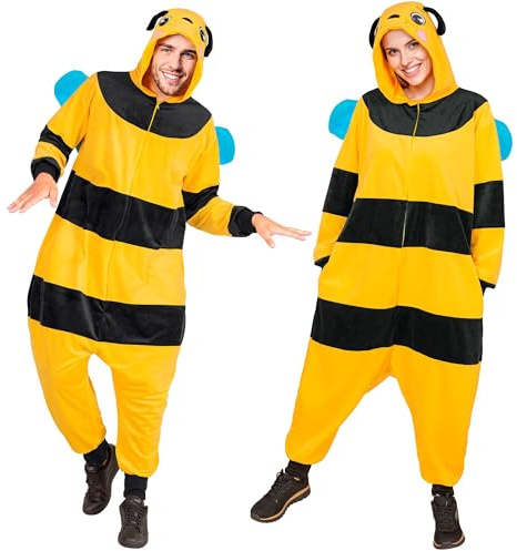 W WIDMANN MILANO Party Fashion – Bijumpsuit för vuxna, gul-svart plysch overall med huva, djurdräkt för karneval