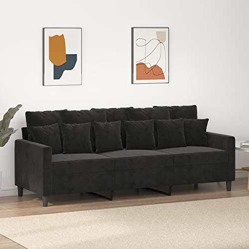 Mandloder Sofá de 3 plazas negro, 180 cm de ancho, tela aterciopelada para sala de estar, sofá lounge moderno con reposabrazos, base de metal resistente