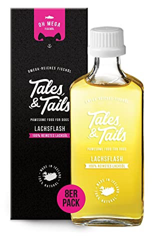 Tales & Tails Lachsöl mit Omega 3 für Hunde - Lachsflash | Ohne Künstliche Zusätze | Lachsöl für Hundefutter | 8X 240ml