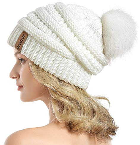 QUEENFUR Women Knit Slouchy Beanie Chunky Baggy Hat with Faux Fur Pompom Winter Soft Warm Ski Cap