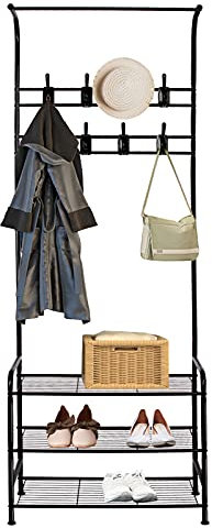 Innotic Coat Rack, 182 cm Coat Stand with Shoe Storage Bench, 3-in-1 Space Saving Design with 9 Hooks and Clothes Rail for Hallway, Entrance, Mudroom, Apartment, Black