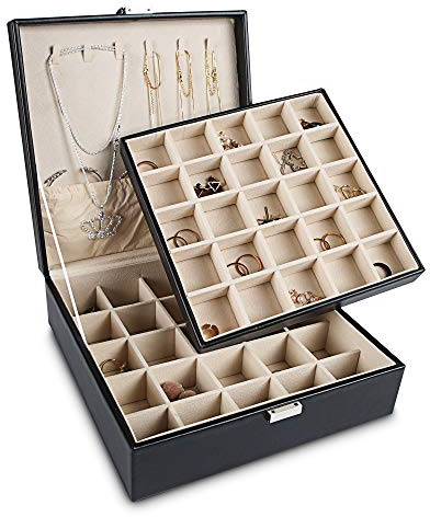 Frebeauty Organizador de pendientes, caja de joyería clásica con 50 ranuras de doble capa con 6 ganchos para collares y bolsillo para pulsera （negro）