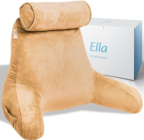 Ella Lesekissen für Bett und Sofa mit Abnehmbarer Nackenrolle - Rückenkissen Bett - Reading Pillow aus Memory Foam mit Armlehne, Ideal zum Lesen, Fernsehen, Faulenzen oder als Rückenstütze - Braun