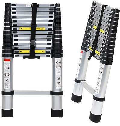 Tubiaz - Scala telescopica in alluminio, blocco di sicurezza su più gradini, allungabile, antiscivolo, multiuso, carico massimo 150 kg, 4,4 m